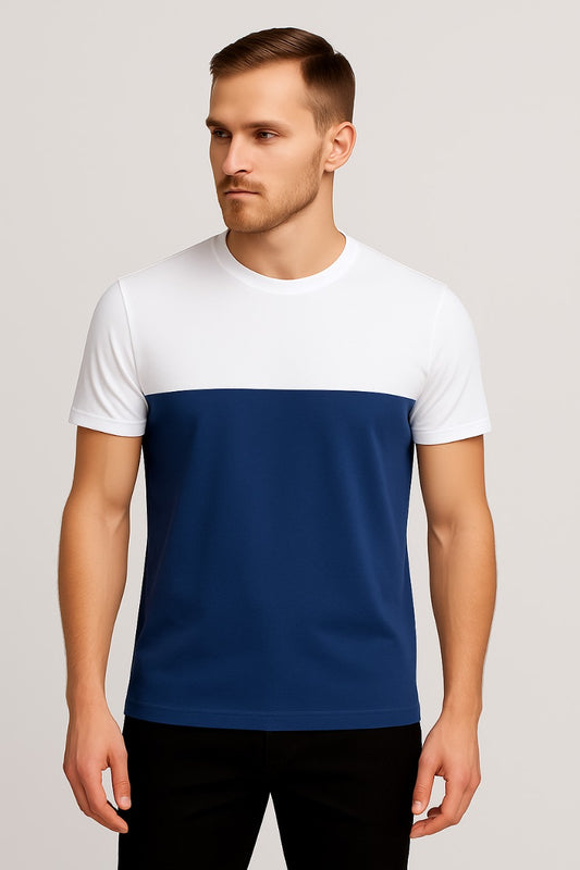 Men’s Navy Blue & White Colorblock T-Shirt – Premium Cotton | Modern Casual Wear