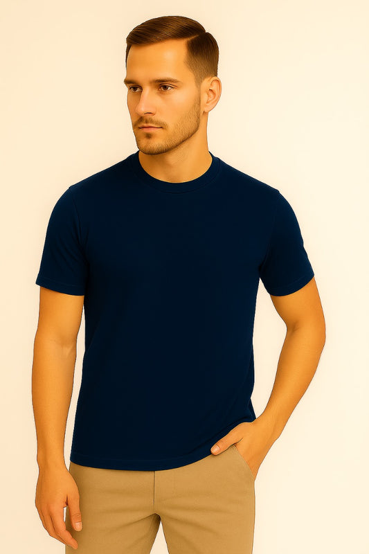 Men’s Navy Blue Classic Crew Neck T-Shirt with Beige Pants – Premium Cotton